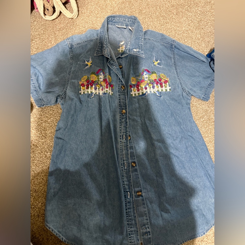 Bobbie Brooks Denim Blouse with Colorful Embroidery